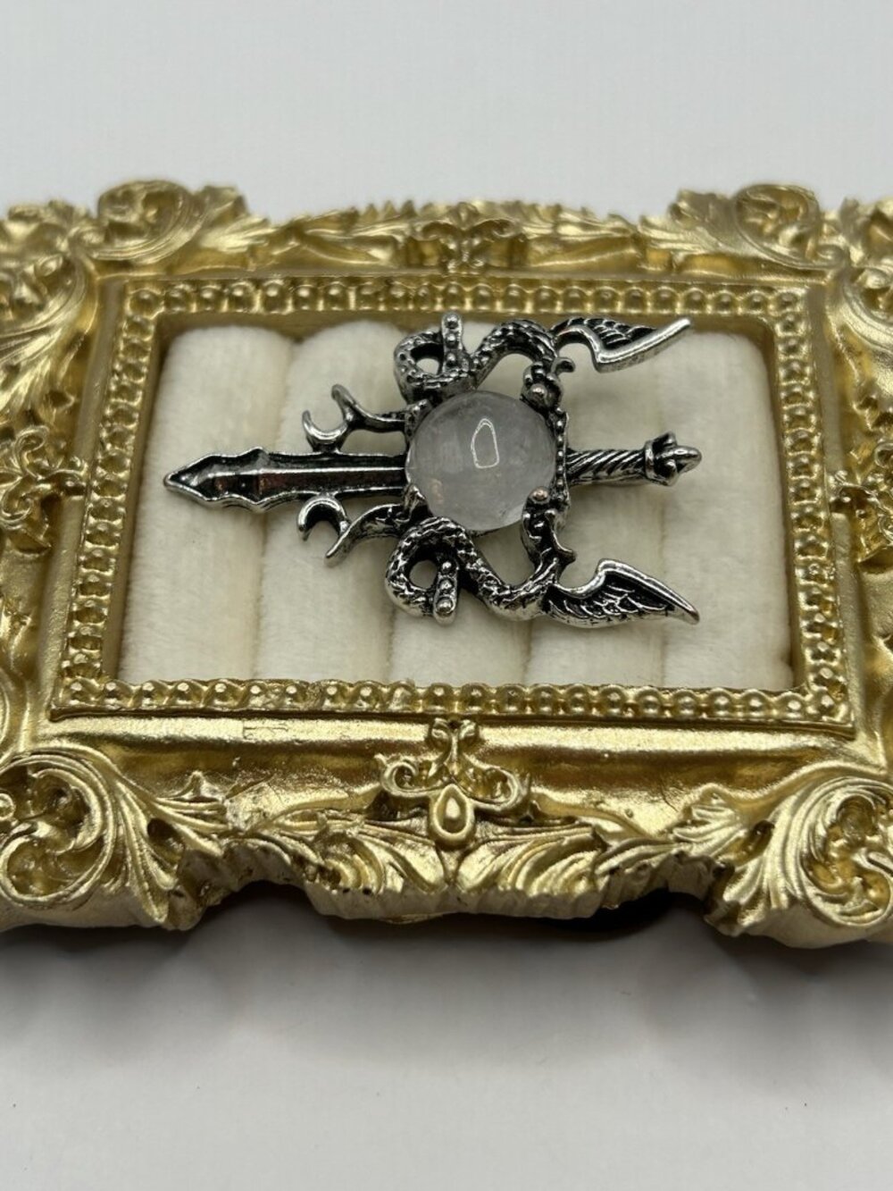 Gothic Dragon Sword Pendant Clear Cabochon Fantasy Medieval Silvertone - Picture 4 of 12